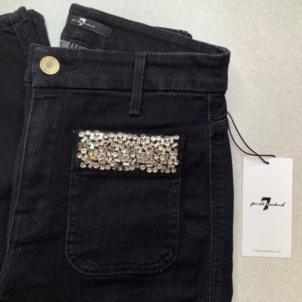7 For All Mankind Jeans 25 High Waist Skinny Rhinestone Pocket Rinsed‎ Bl… - Picture 3 of 7